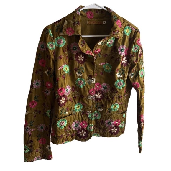 Johnny Was Jackets & Blazers - Johnny Was Women's M Embroidered Floral Blazer Jacket Olive Cotton